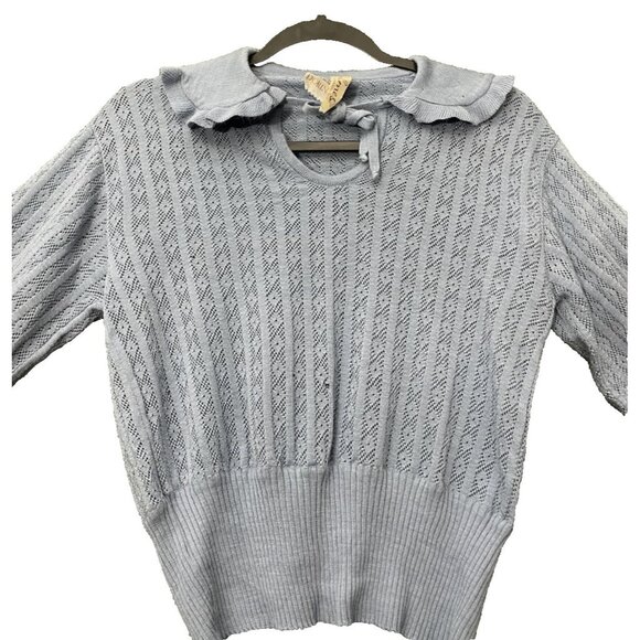 Holmes Dorina VTG Sweater Top Knitted Blue Crochet Long Sleeve Tie Size Small - Picture 2 of 11